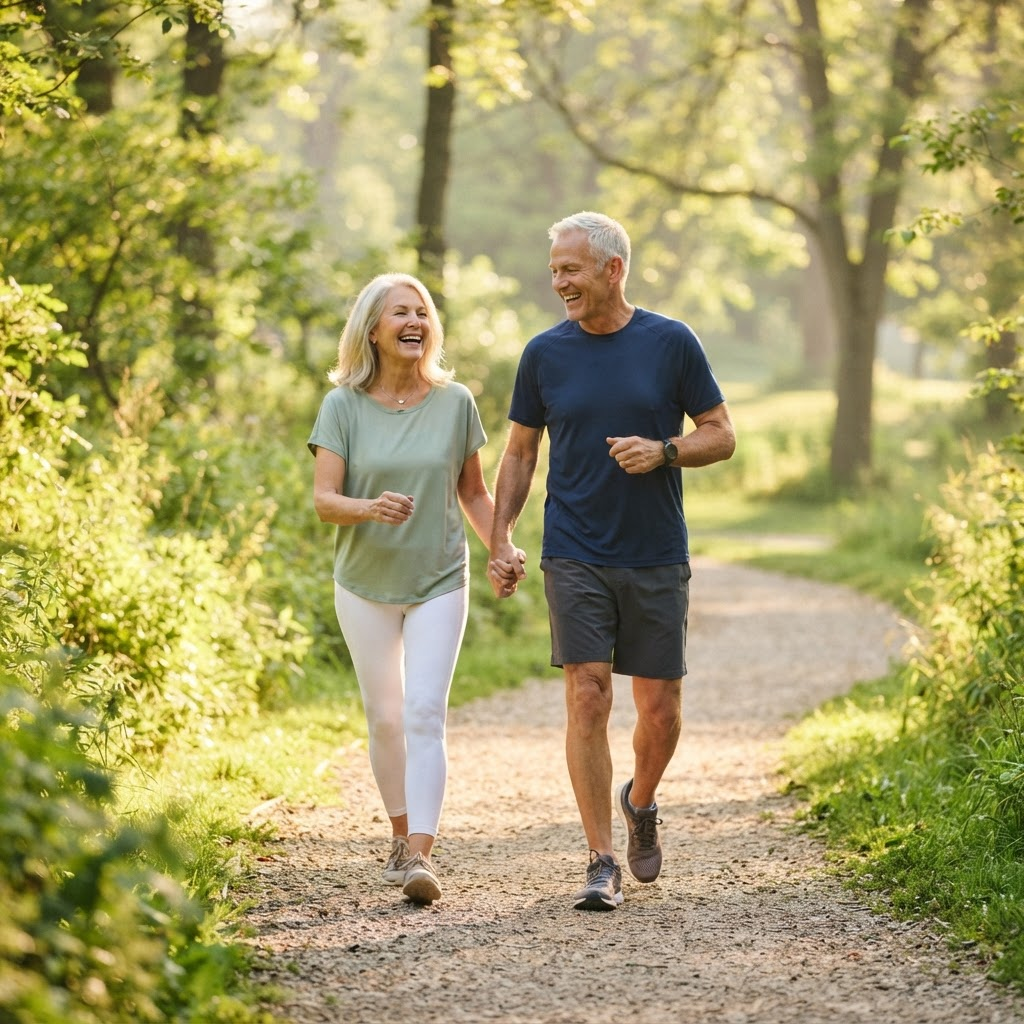 An active, healthy couple in their sixties enjoying life outdoors after regenerative therapy