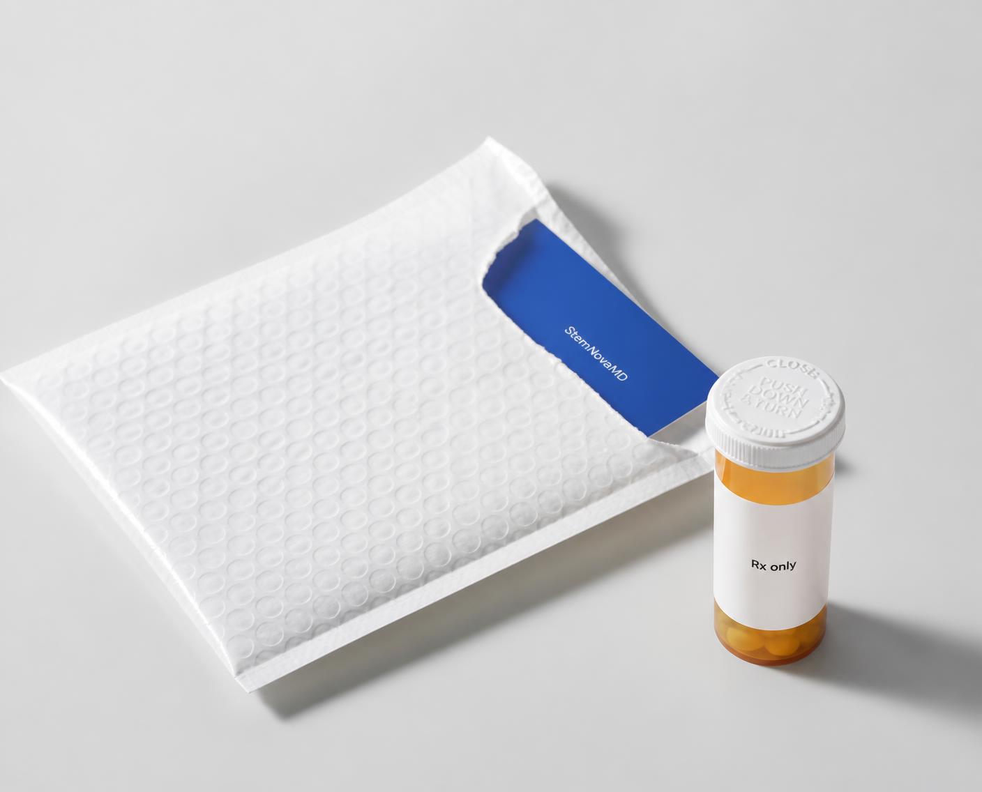 A discreet white shipping mailer with a StemNovaMD card and a prescription bottle.